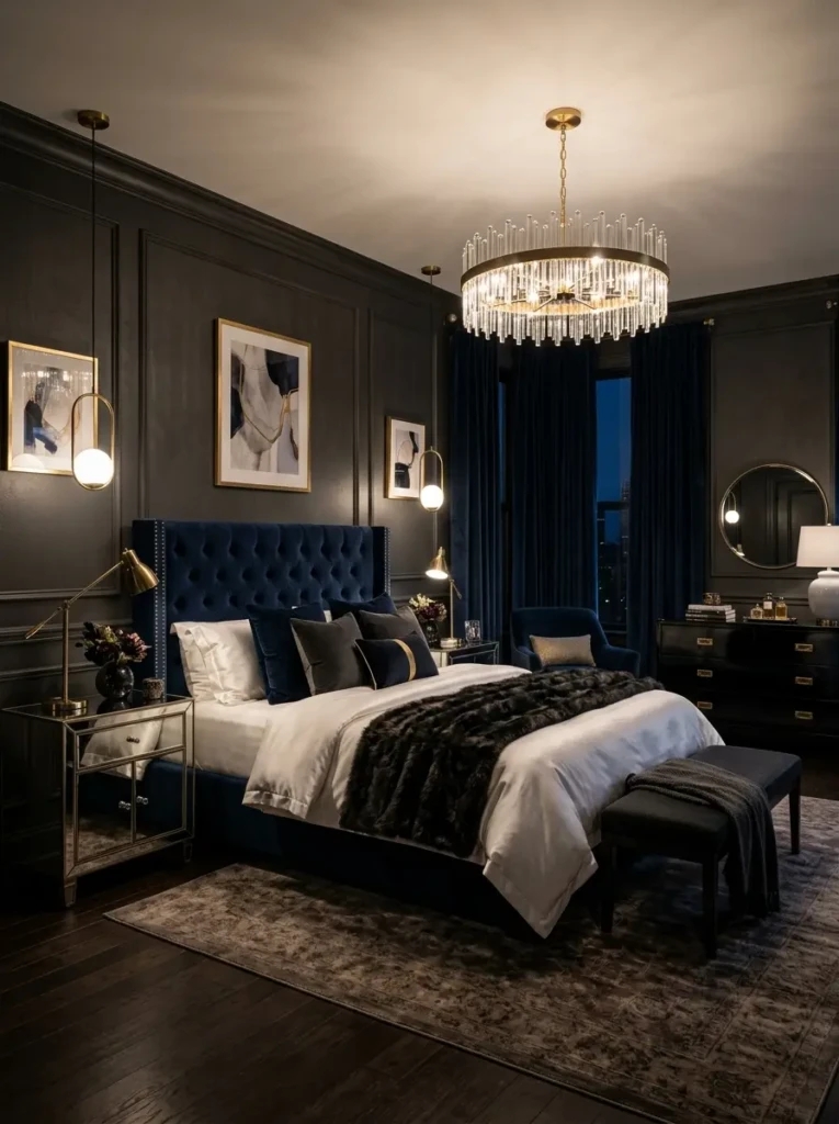 A dramatic dark bedroom with charcoal walls, deep navy bed, brass lights, mirrored nightstands, and satin white bedding.