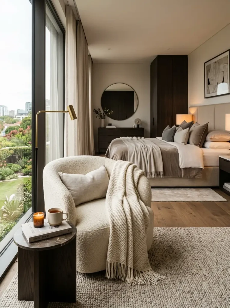 Stylish bedroom corner with an accent chair and soft throw creating a relaxing nook