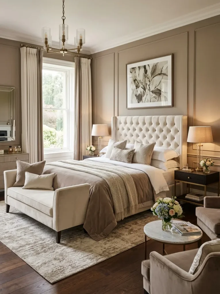 A sophisticated couples’ bedroom with a king bed, matching bedside tables, elegant lamps, bench seating, and taupe tones.