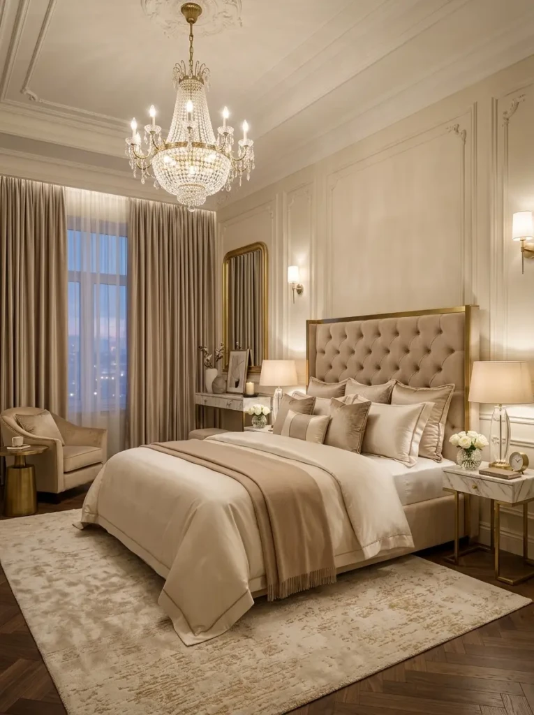 A classy luxury bedroom featuring an upholstered king bed, crystal chandelier, beige tones, marble side tables, and soft ambient lighting.