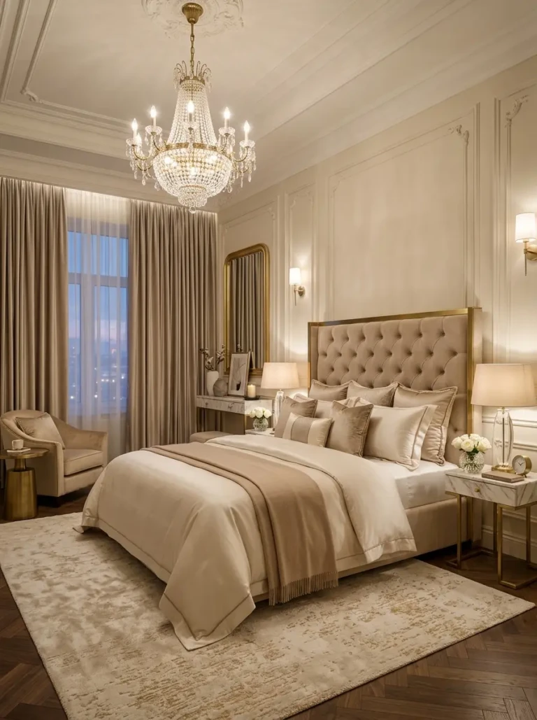 A classy luxury bedroom featuring an upholstered king bed, crystal chandelier, beige tones, marble side tables, and soft ambient lighting.