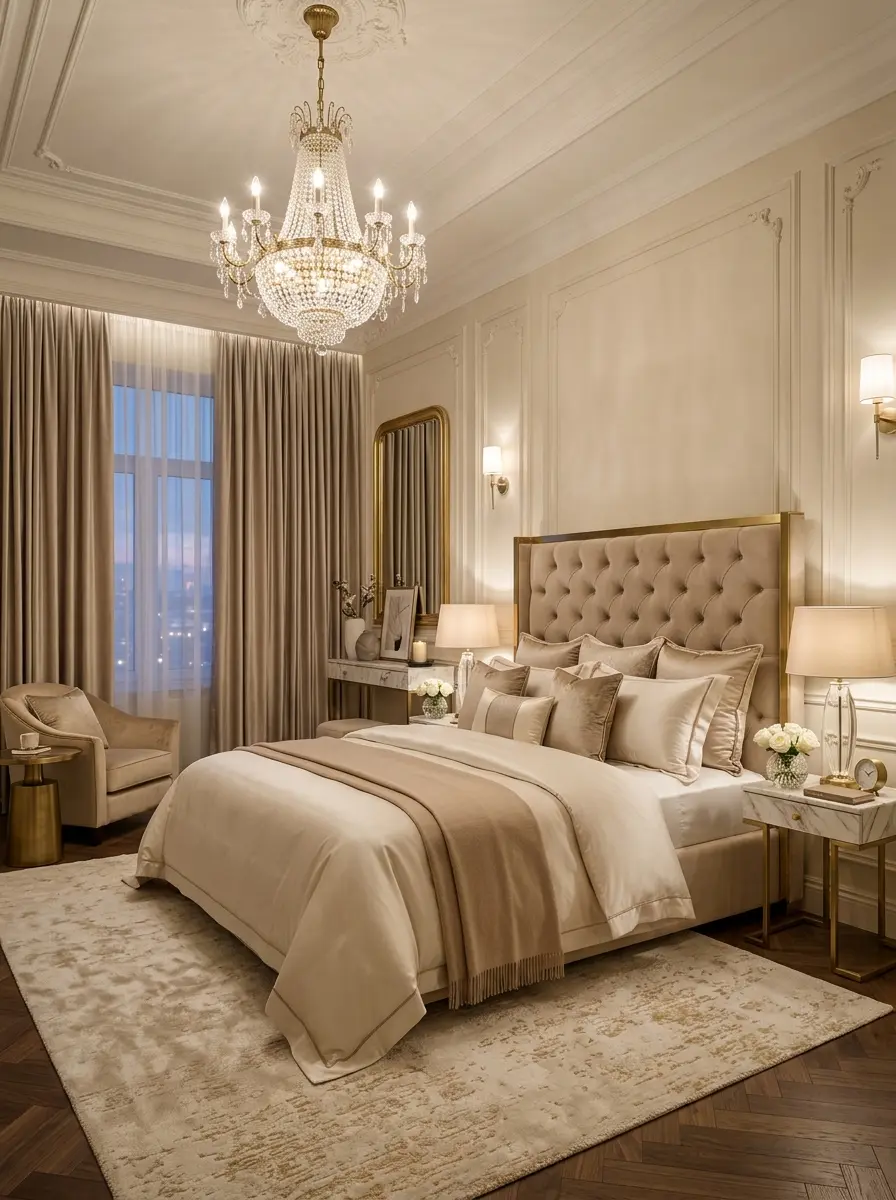 A classy luxury bedroom featuring an upholstered king bed, crystal chandelier, beige tones, marble side tables, and soft ambient lighting.