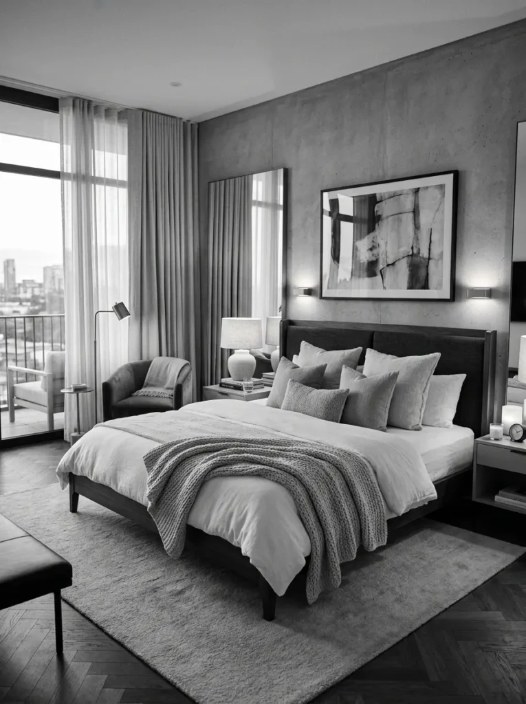 Luxurious black and white bedroom with balanced decor and relaxing atmosphere