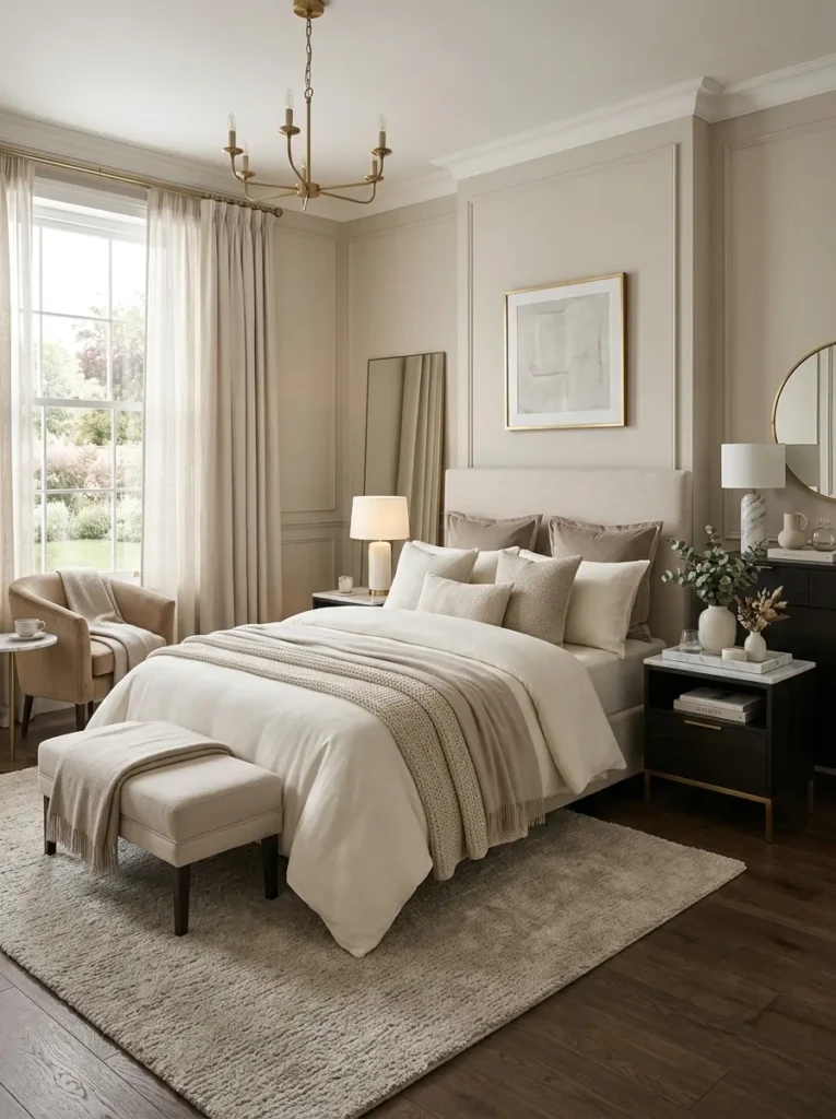 A peaceful luxury bedroom sanctuary with layered textures, premium bedding, neutral colors, plush rug, and warm lighting.
