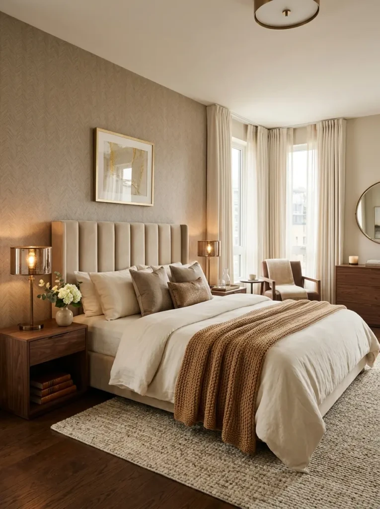 A beige luxury bedroom with a padded headboard, cream bedding, bronze lighting, walnut furniture, and textured wallpaper.