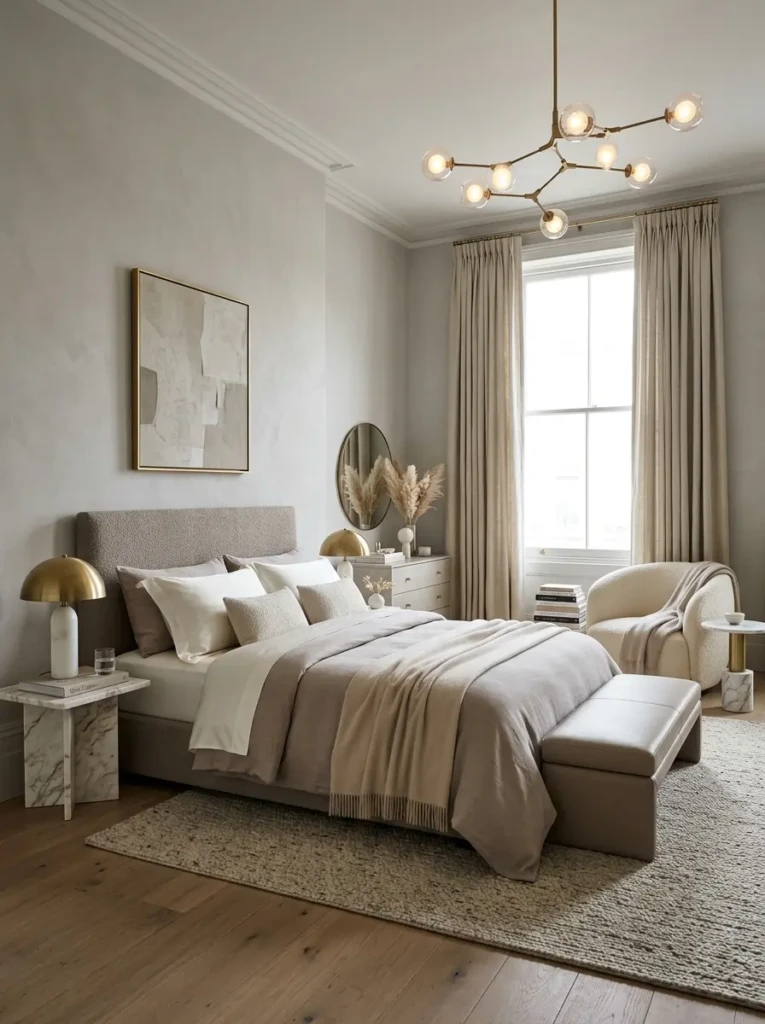 A neutral-toned luxury bedroom with ivory bedding, marble side tables, linen curtains, boucle chair, and a sculptural chandelier.
