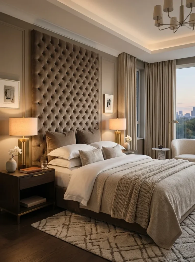 A stylish bedroom featuring a large velvet headboard, layered bedding, and symmetrical elegant decor