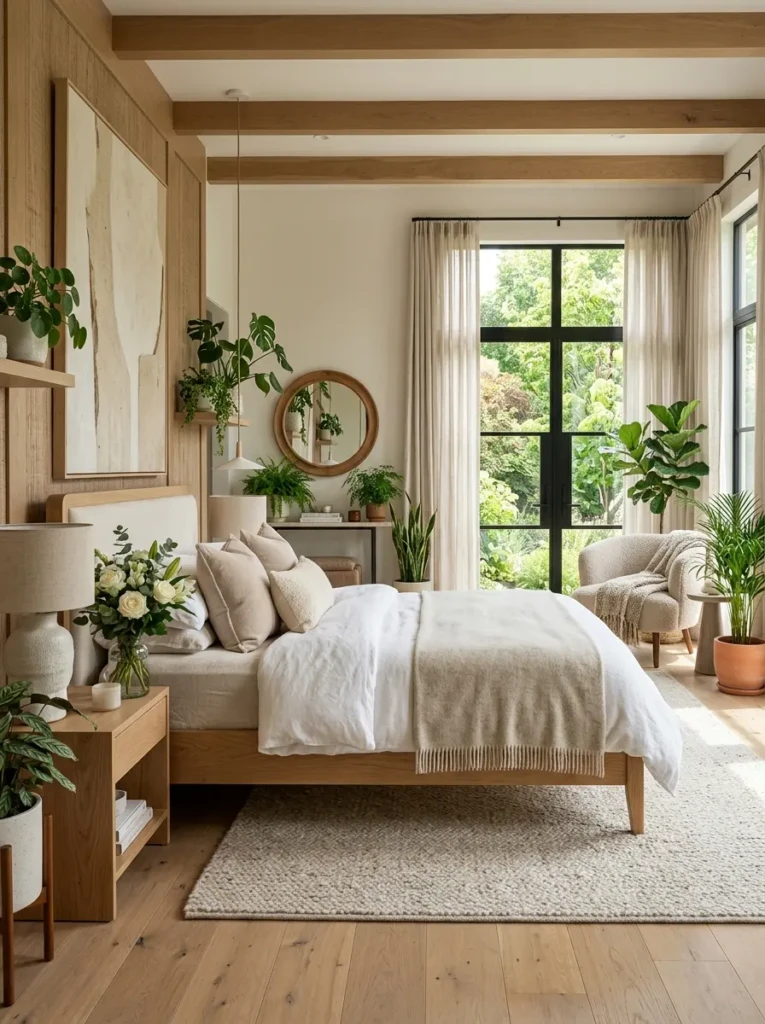 A calming bedroom with greenery, wooden textures, and soft natural light for a fresh ambiance