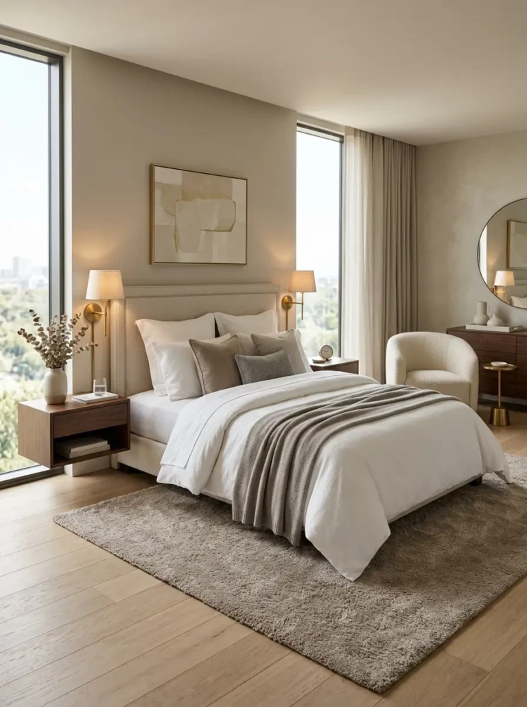 Modern luxury bedroom with soft textures, warm lighting, neutral tones, and a calm, elegant, clutter-free design