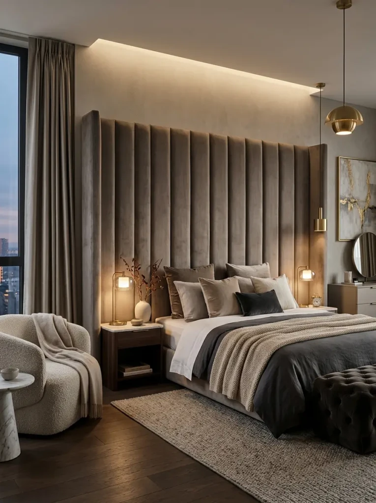 Large upholstered headboard in a modern luxury bedroom serving as a bold and elegant focal point