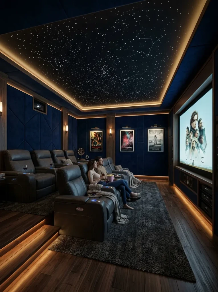 Modern luxury home cinema room featuring leather recliners, star ceiling, velvet walls, and hidden LED lighting.