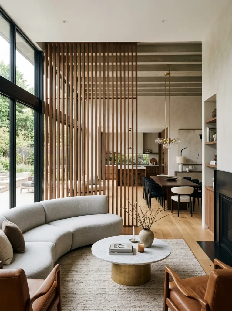 Open-plan luxury interior with wood slat partition separating living and dining spaces.