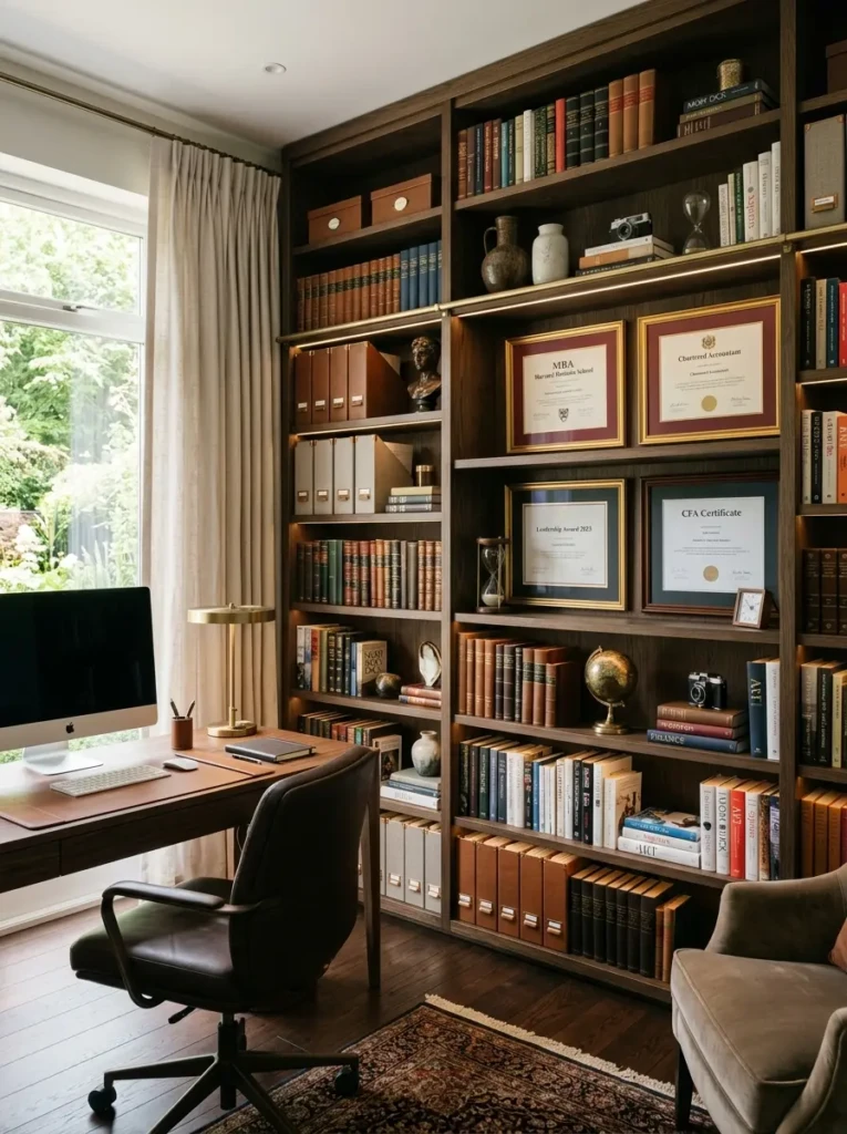 Home office shelf with books, file boxes, framed certificates, and decorative accents.