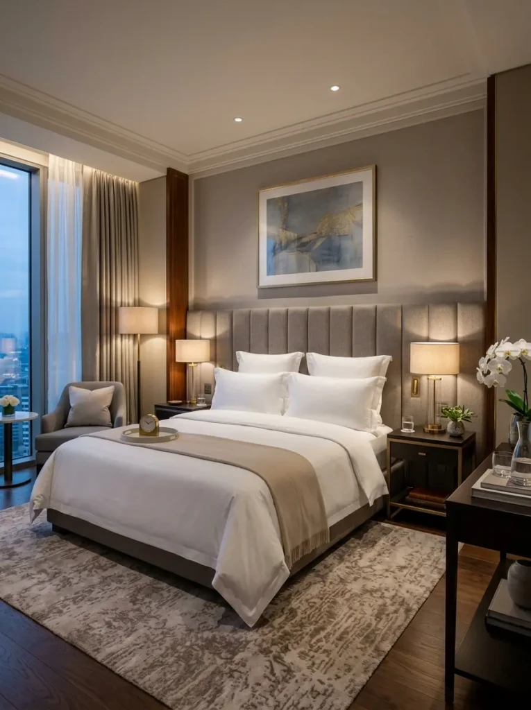 An elegant bedroom with white bedding, padded headboard, symmetrical decor, and soft lighting inspired by high-end hotel interiors.