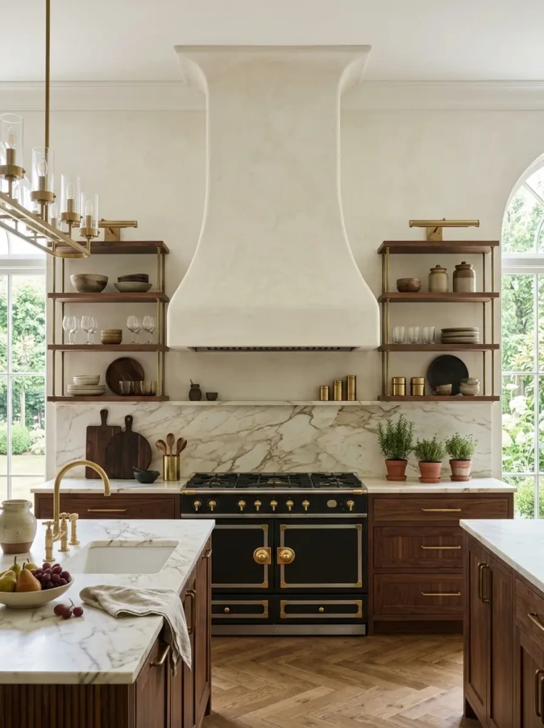Stylish range hood with nearby open shelves decorated using matching wood and metal kitchen accents.