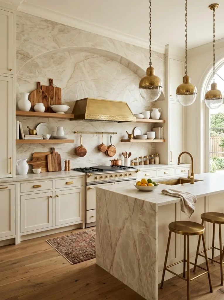Luxury Taj Mahal kitchen with elegant open shelves styled using white ceramics, wood accents, and brass decor.