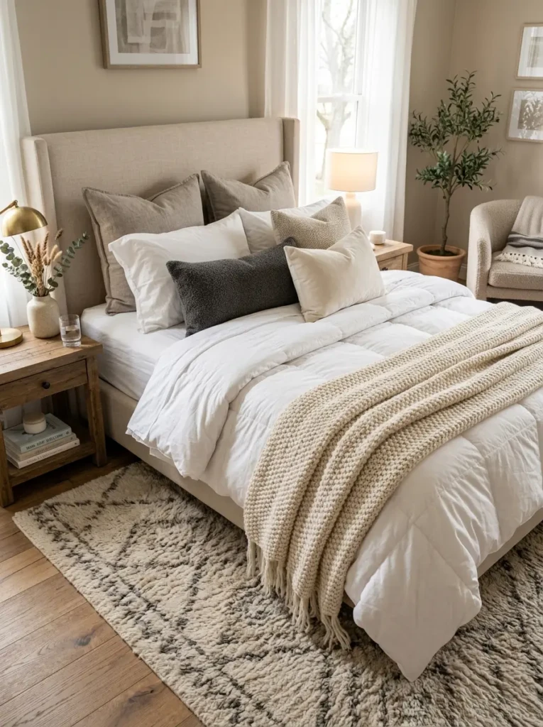 Aesthetic bedroom with layered white bedding, textured pillows, knitted throw blanket, and cozy luxury bed styling.
