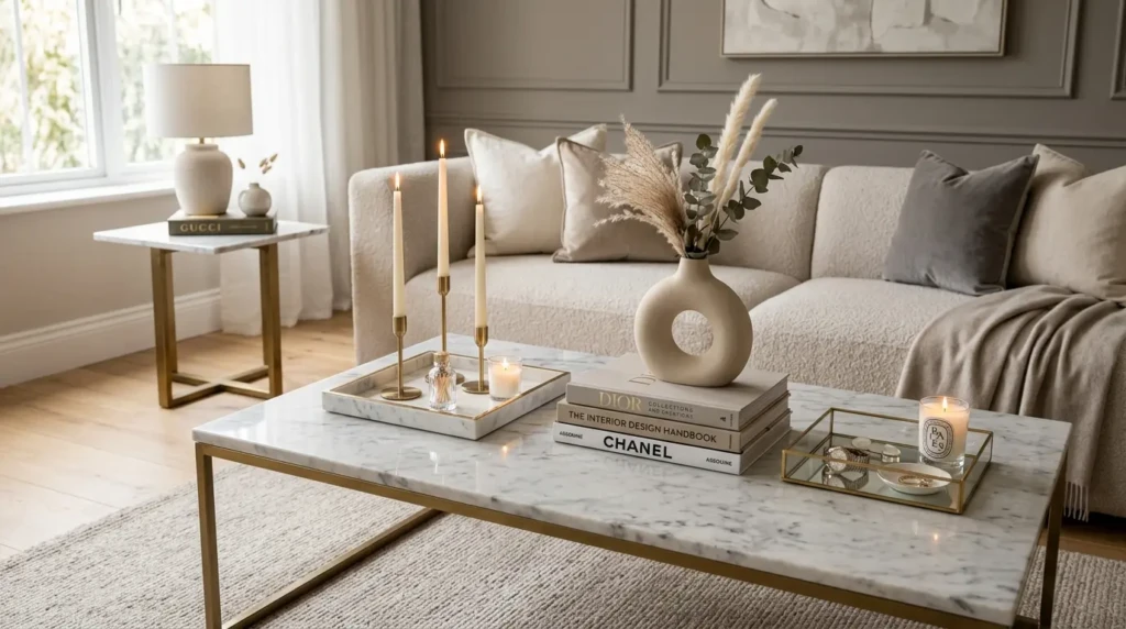 Designer living room setup featuring a marble coffee table, candles, books, sculptural vase, and elegant accessories.