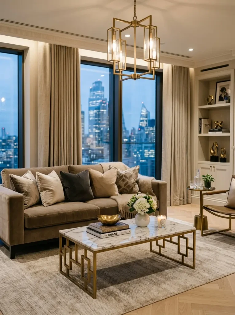 Luxury apartment living room with velvet cushions, marble table, brass accents, and modern lighting.