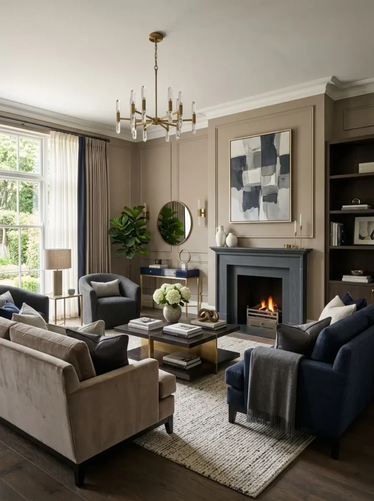 Luxury living room styled in taupe, ivory, charcoal, and navy with layered premium textures.