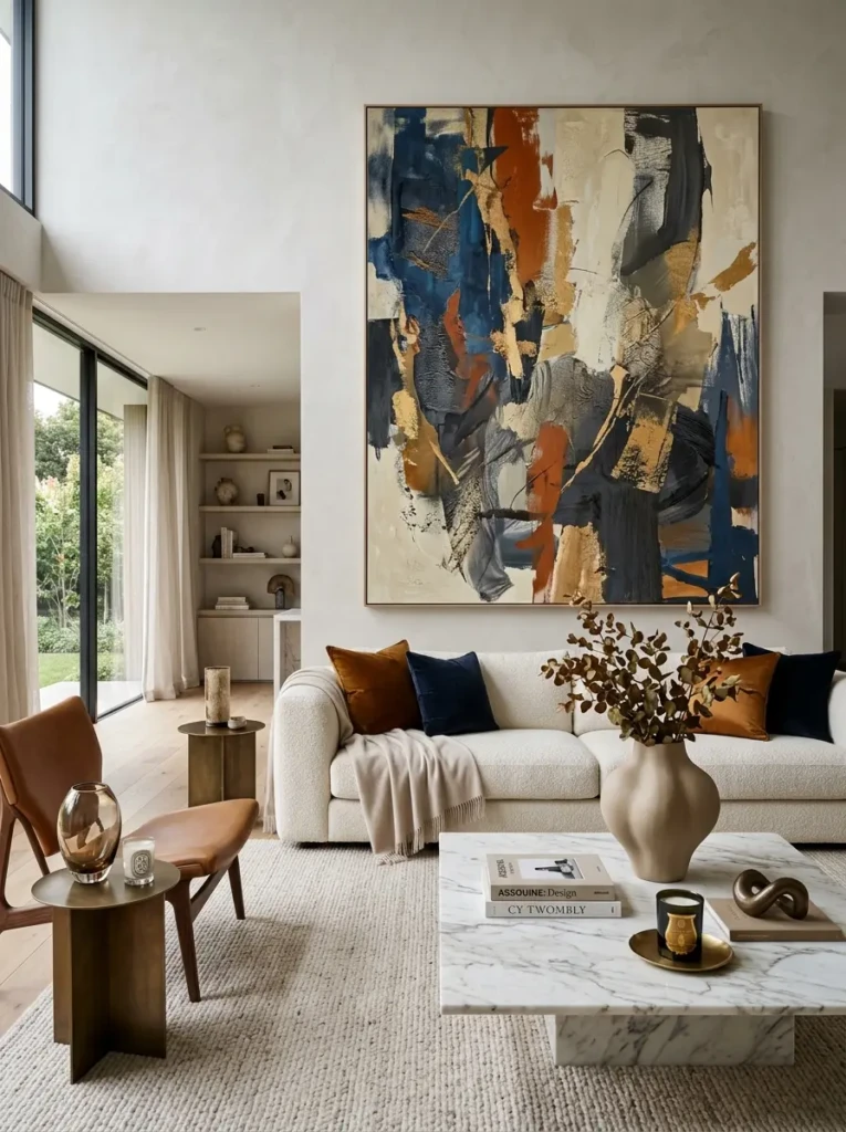 Elegant living room featuring oversized artwork, sculptural vases, and curated accessories.