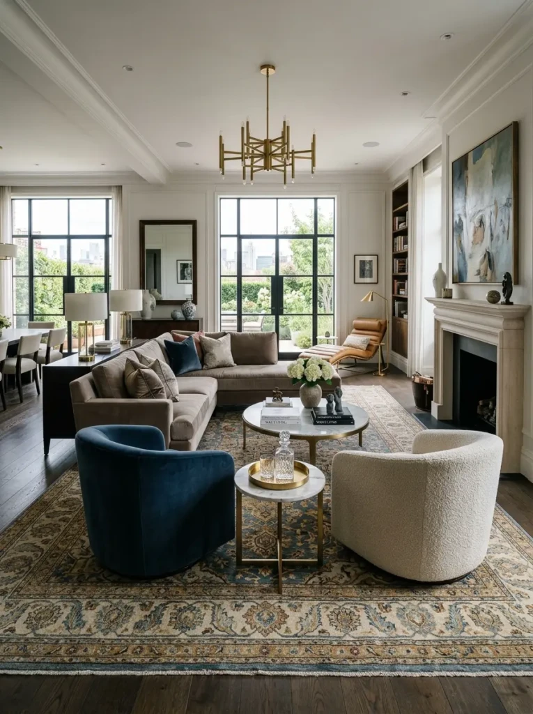 Spacious living room with large hand-knotted rug anchoring the full seating arrangement.