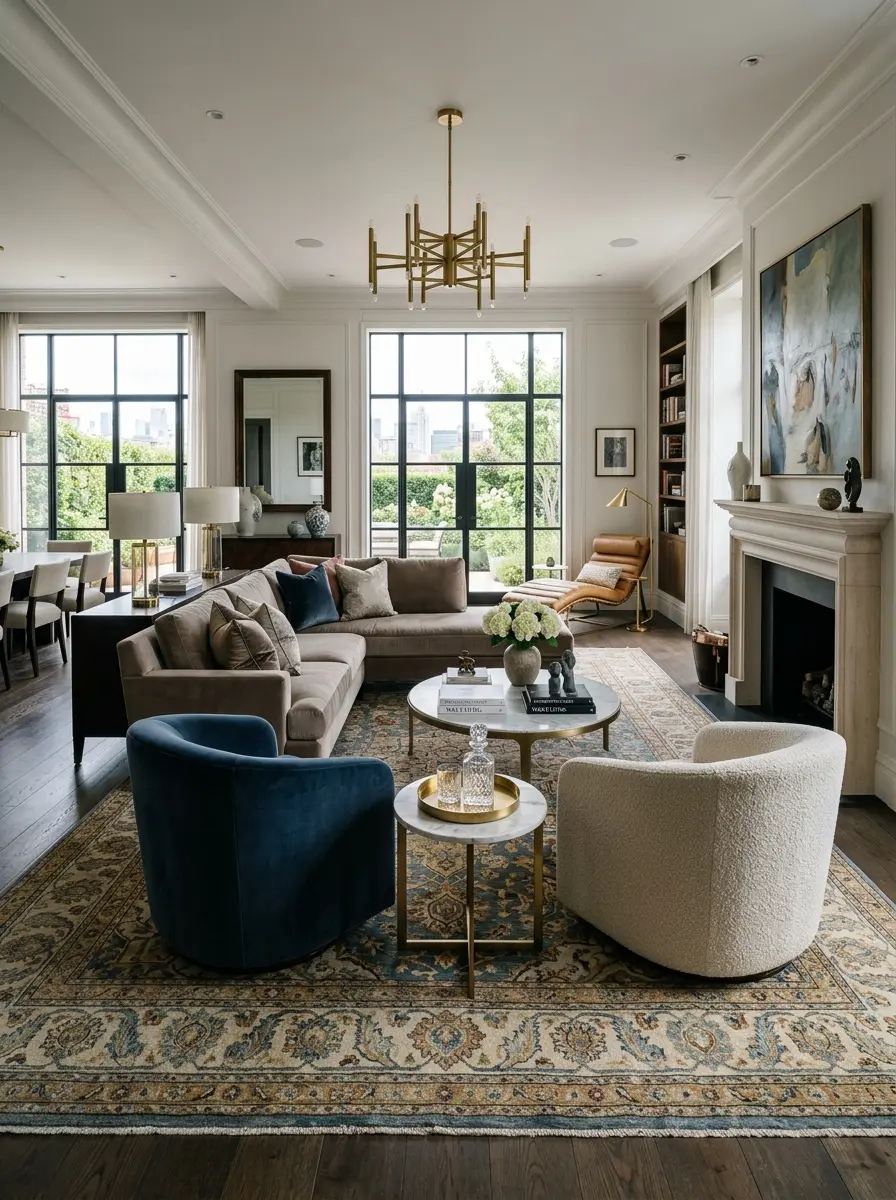 Spacious living room with large hand-knotted rug anchoring the full seating arrangement.