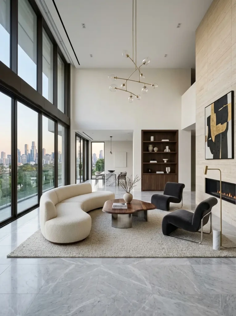 Modern luxury living room with clean lines, sculptural furniture, and elegant spacious styling.