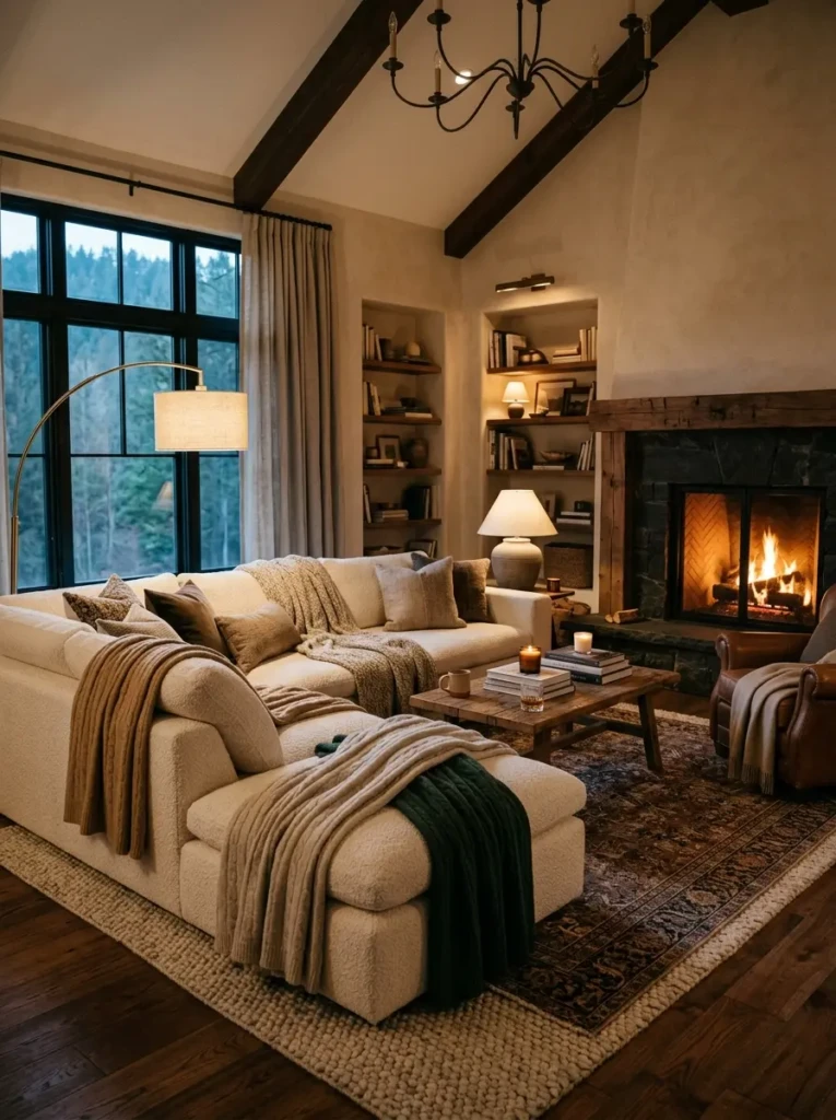 Cozy luxury living room with oversized sofa, layered rugs, warm throws, and soft ambient lighting.