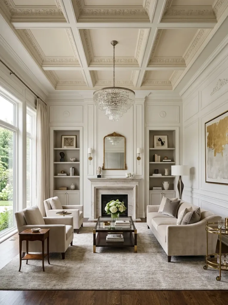 Elegant living room with coffered ceiling, decorative molding, and custom built-in niches.