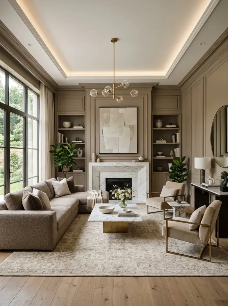 Sophisticated luxury living room with neutral tones, marble accents, wall molding, and a calm curated atmosphere.