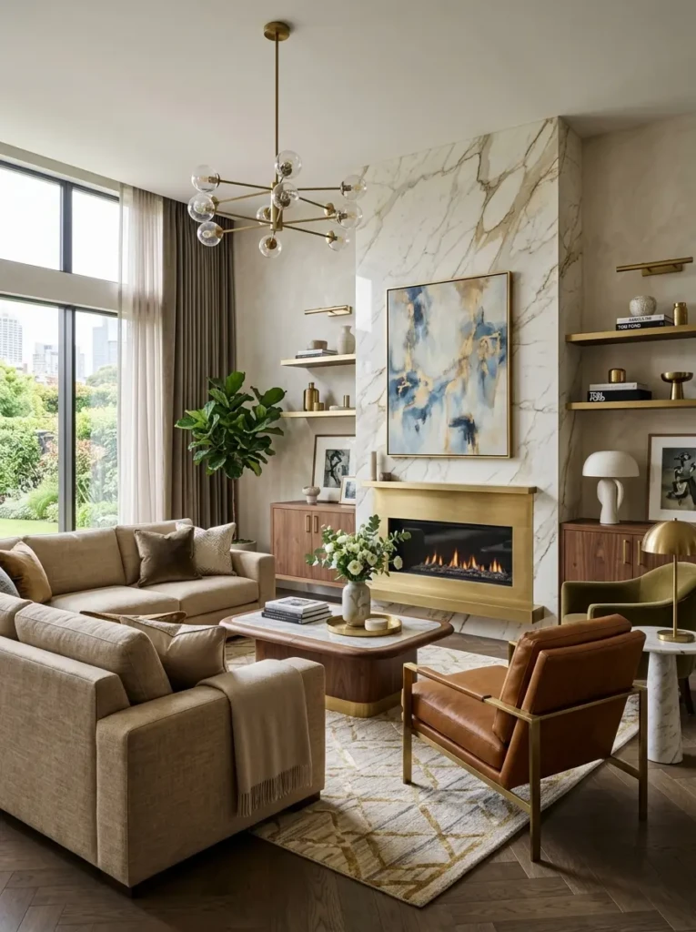 Luxury living room decor featuring marble, walnut wood, brass finishes, and leather accents.