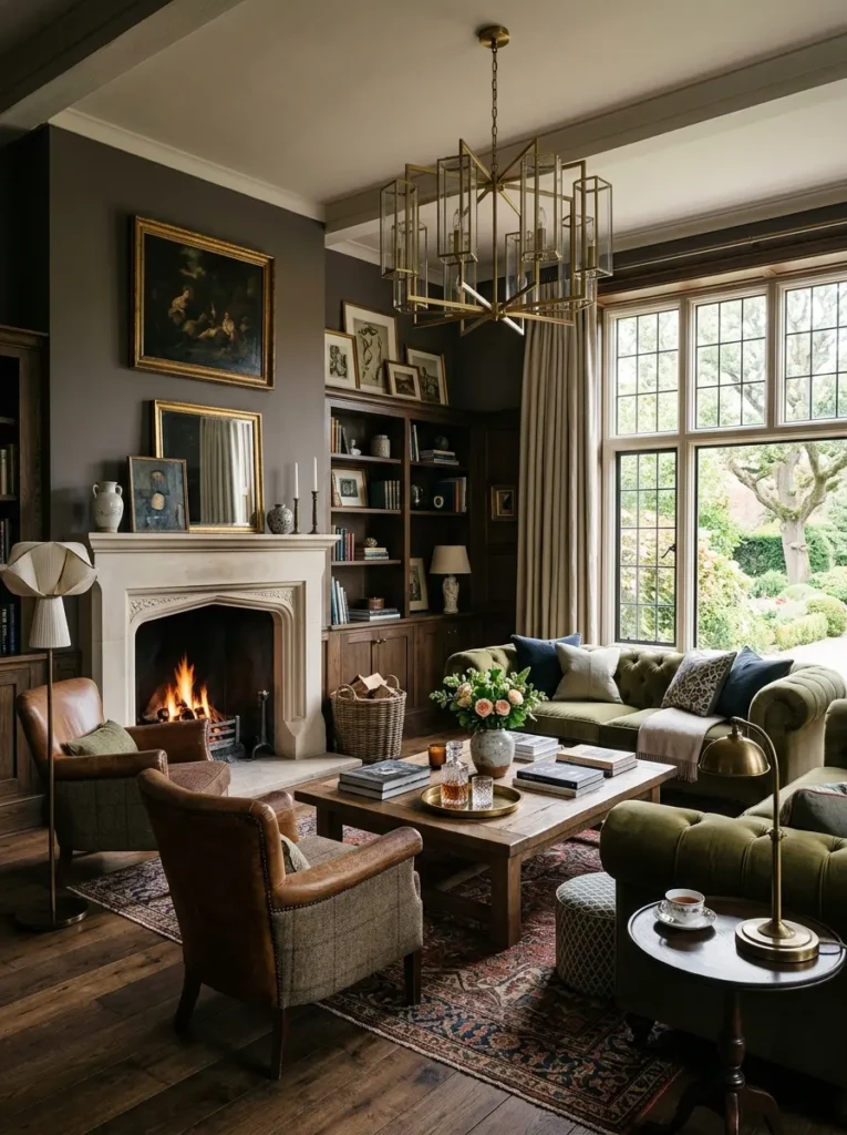 Timeless luxury living room blending modern elegance, English warmth, layered textures, and premium finishes.