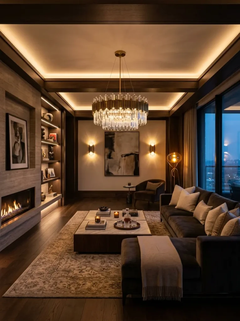 Open living room with chandelier, floor lamp, and recessed lights creating warm layered illumination.