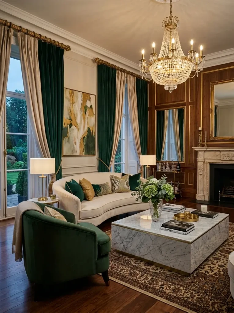 Premium living room featuring velvet curtains, gold curtain rods, chandelier lighting, and elegant luxury interior styling.