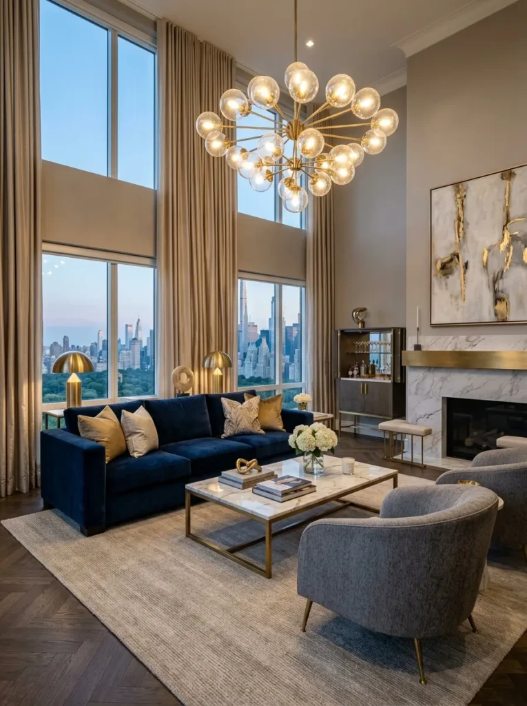 Luxury modern living room with velvet sofa, marble surfaces, brass chandelier, and elegant gold decor details.
