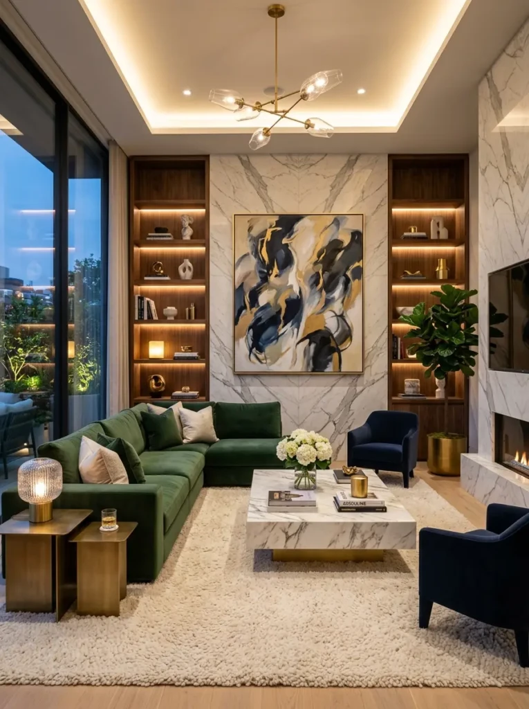 Luxury modern living room showcasing marble surfaces, velvet seating, brushed brass tables, walnut shelving, and sophisticated layered textures.