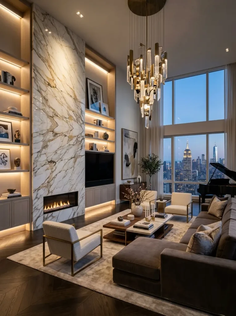 High-end living room with marble wall, backlit panels, custom furniture, and chandelier lighting.