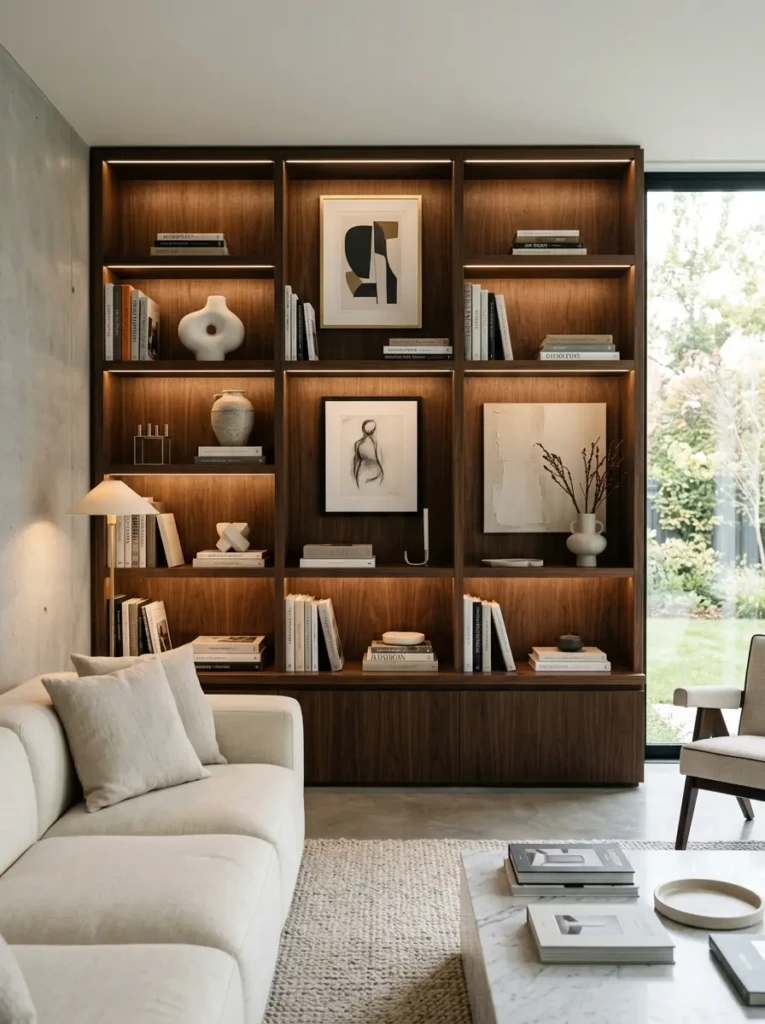 Custom luxury living room shelves displaying books, ceramics, framed art, and accent lighting.