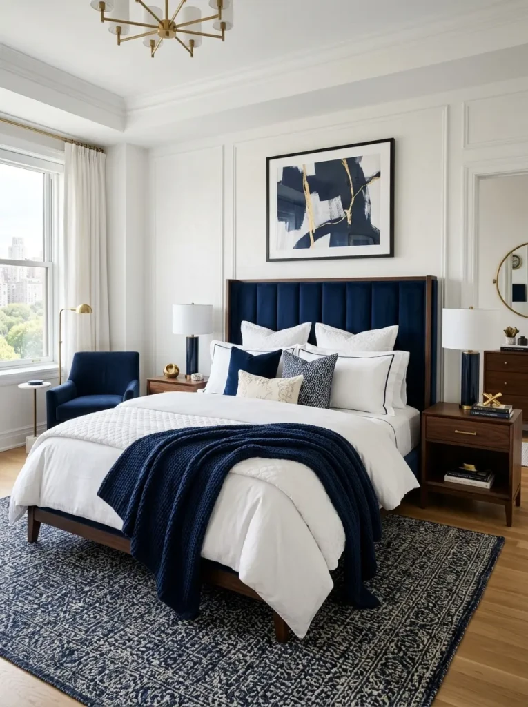 Luxury white bedroom with navy upholstered headboard and dark blue throw blanket.