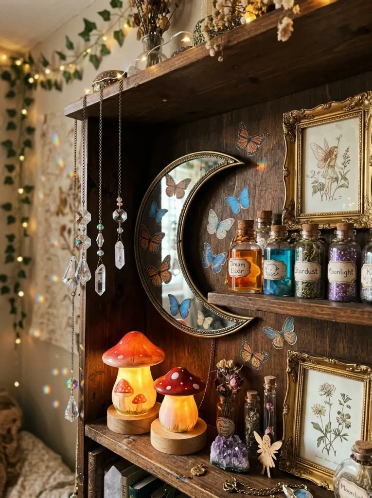Decorative fairycore accessories including moon mirrors, butterfly decals, mushroom lamps, and crystal sun catchers.
