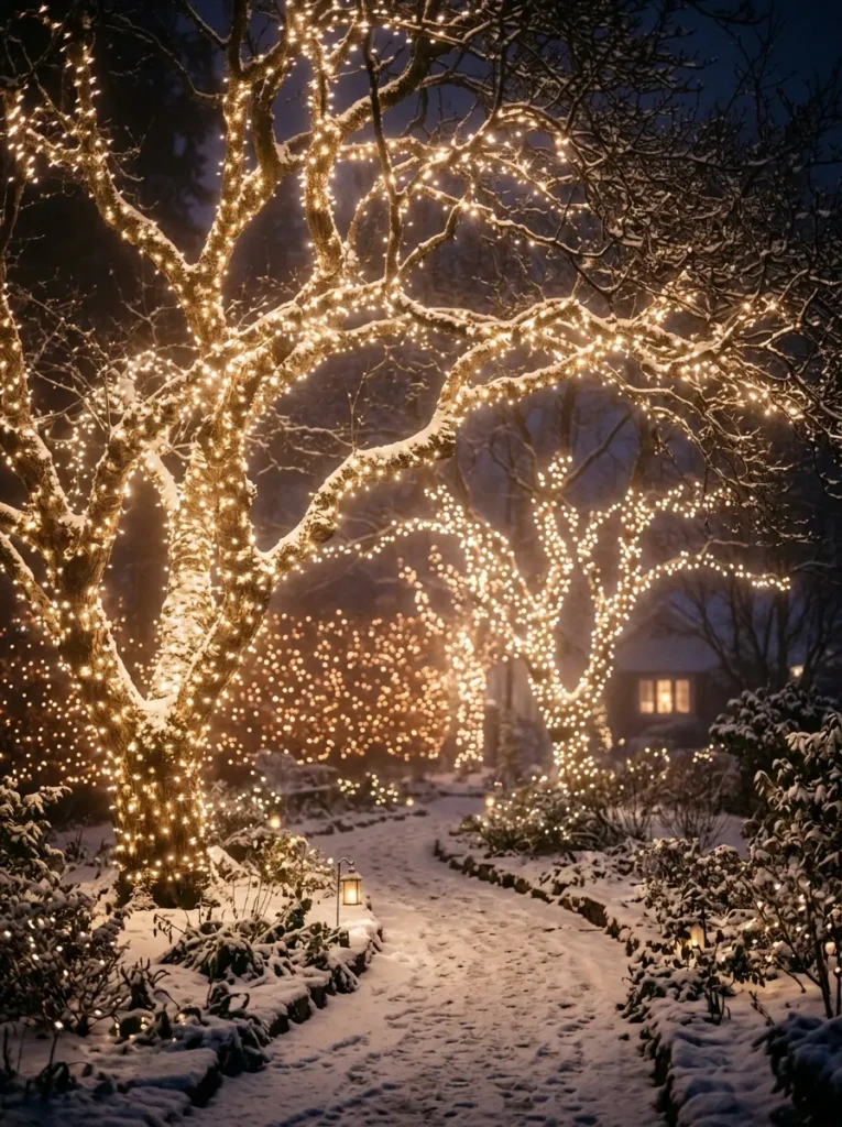 Garden trees wrapped in delicate outdoor Christmas lights creating a magical glowing effect at night
