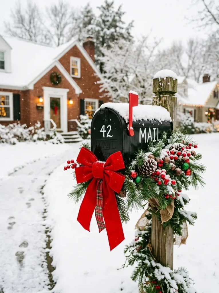 Close-up of a decorated mailbox with red bow and ornaments in a winter scene