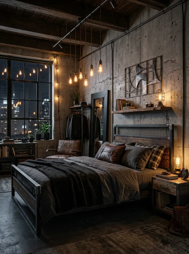 A masculine industrial bedroom featuring a metal bed frame, concrete textures, leather accents, and warm Edison bulb lighting