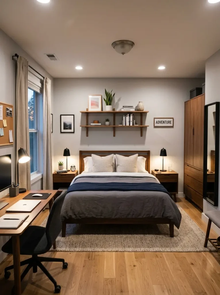 Clean men’s bedroom layout with centered bed, symmetrical nightstands, floating shelves, and organized storage.