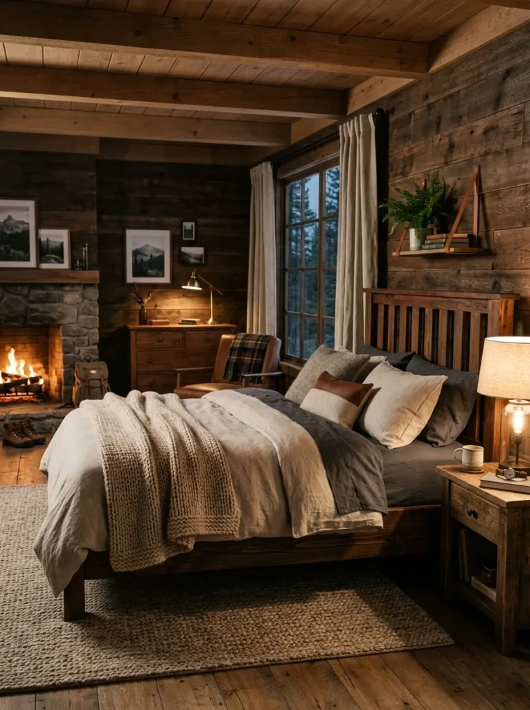 A warm and inviting bedroom with wooden furniture, soft linen bedding, and earthy tones inspired by a rustic cabin interior