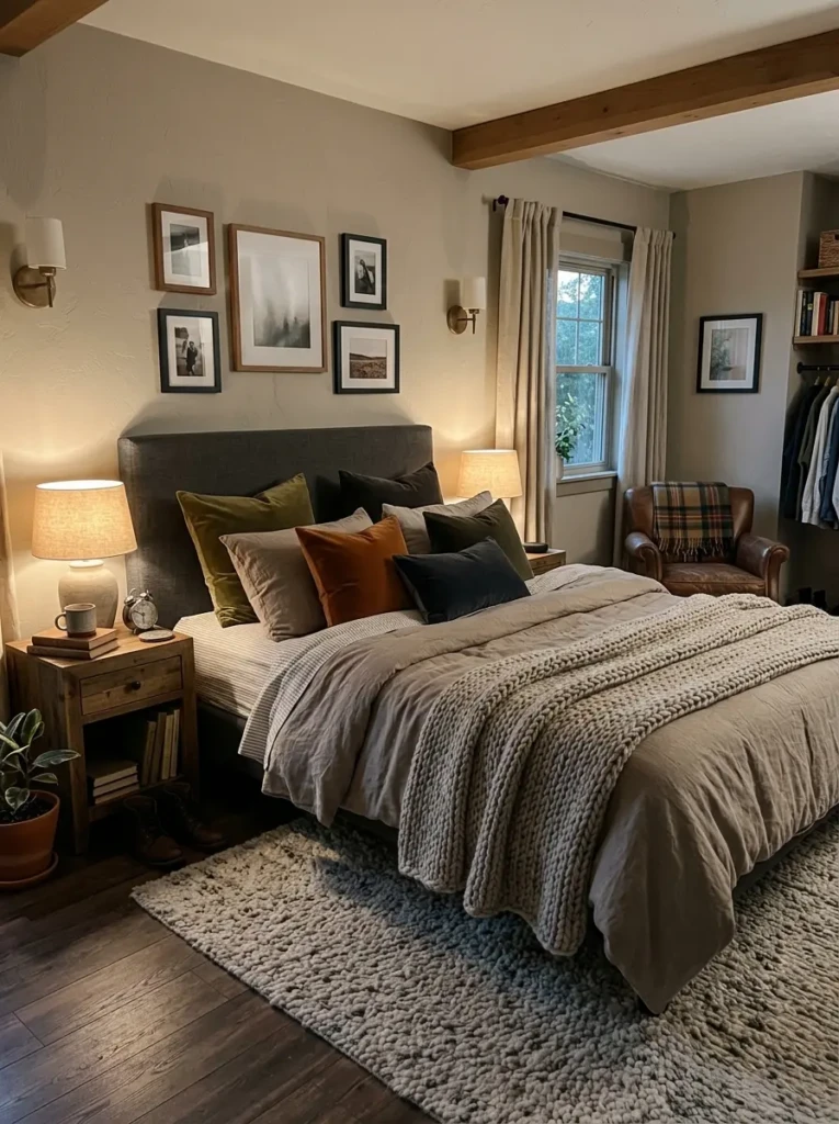 A warm bedroom featuring layered bedding, soft blankets, textured cushions, and ambient lighting for a comfortable feel