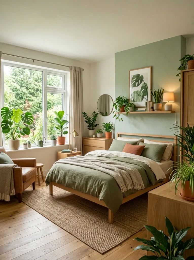 A relaxing bedroom with indoor plants, wooden furniture, and natural colors creating a fresh and calming environment