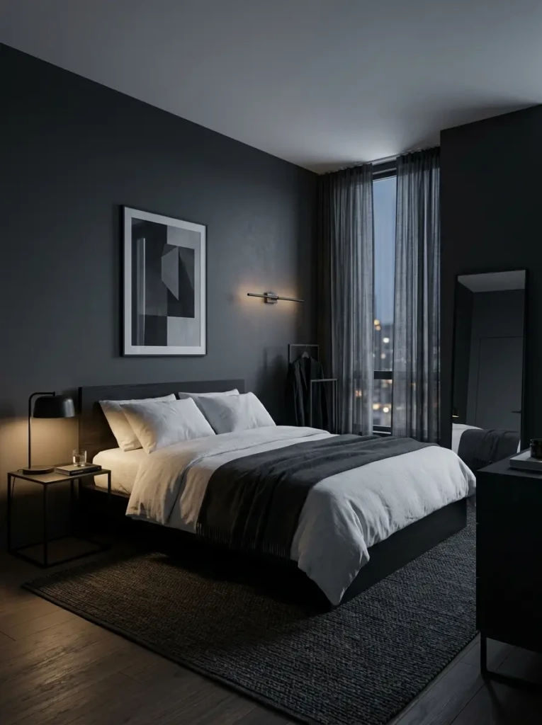 A modern male bedroom with dark charcoal walls, minimalist furniture, soft lighting, and a low-profile bed creating a cozy and masculine atmosphere