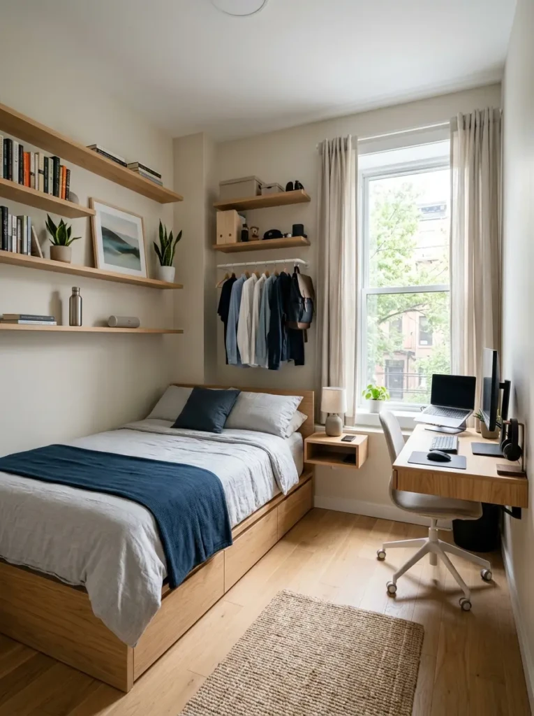 A compact bedroom with smart storage, light colors, and minimal furniture creating an airy and functional space